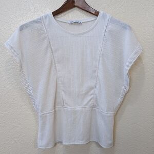 Zara BOHO white relaxed fit, short dolman sleeves, and detailed Texture Top
